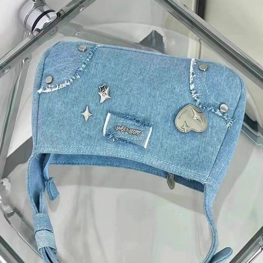 Studded Denim Shoulder Handbag