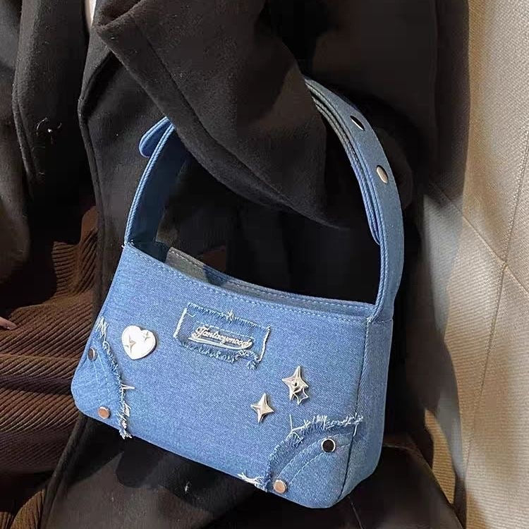 Studded Denim Shoulder Handbag