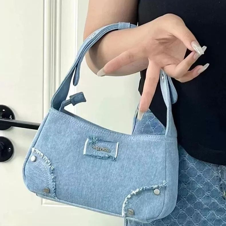 Studded Denim Shoulder Handbag