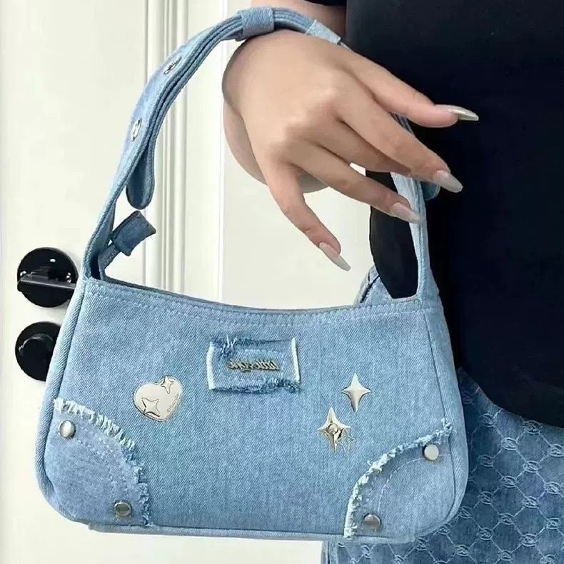 Studded Denim Shoulder Handbag