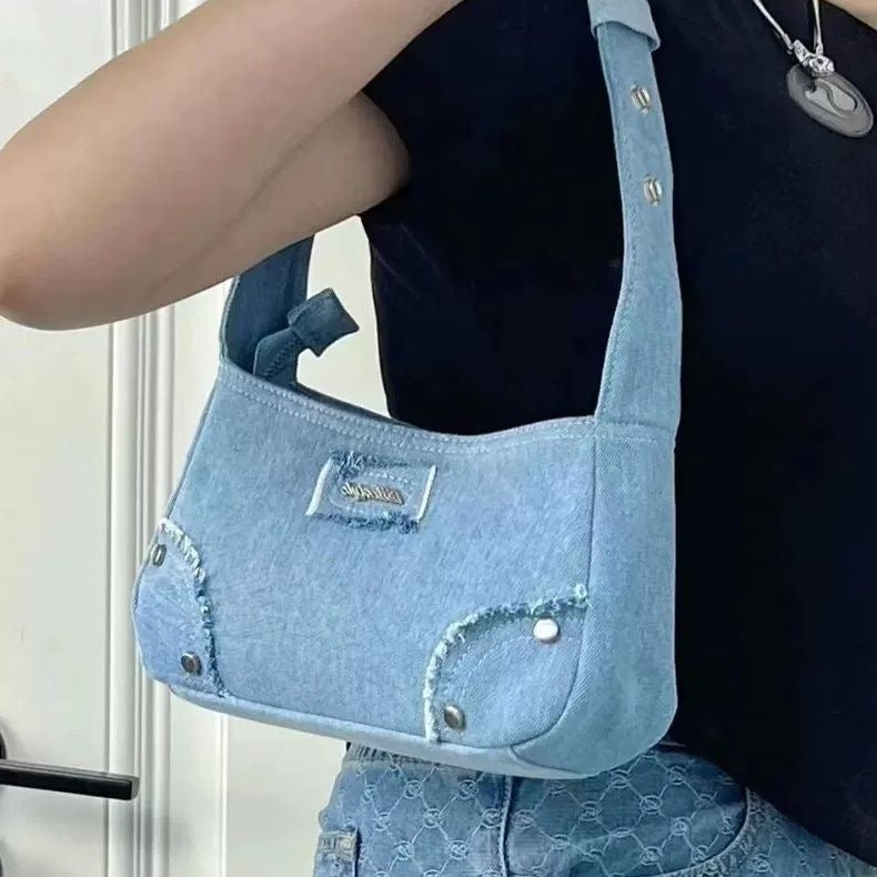 Studded Denim Shoulder Handbag