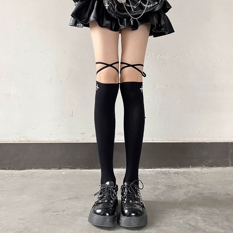 Gothic Cross Charm Thigh-High Socks