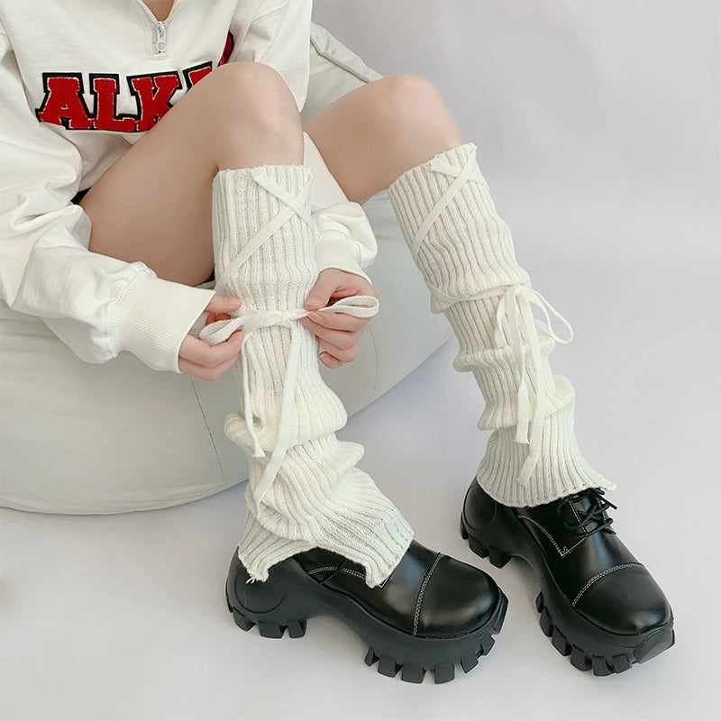 Cozy White Lace-Up Cable Legwarmers