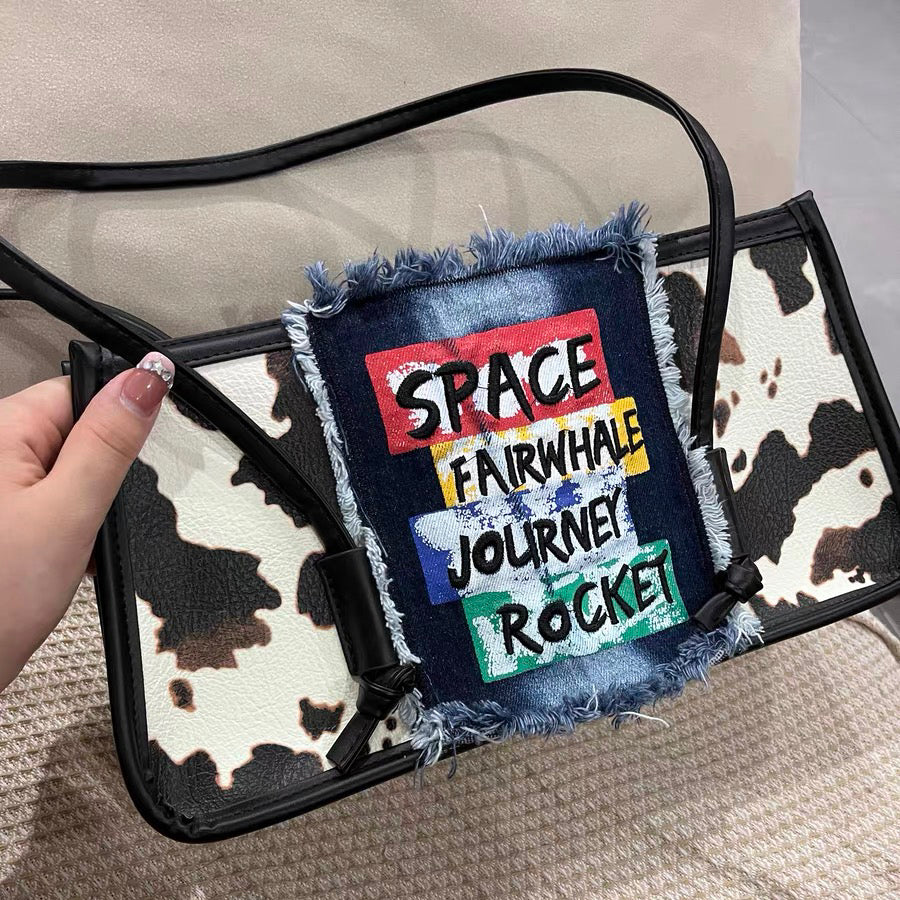 Cow Printed Denim Patch Shoulder Bag