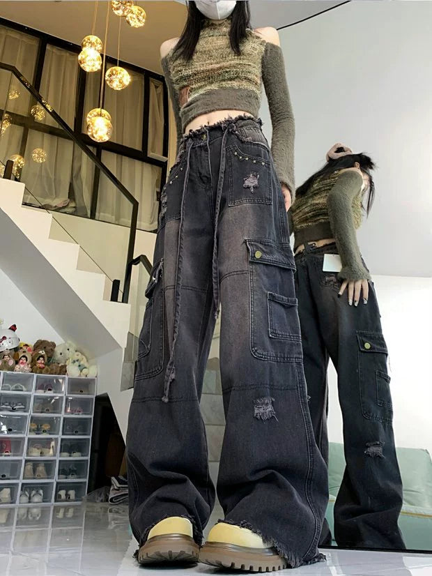 Distressed Cargo Wide-Leg Denim Pants