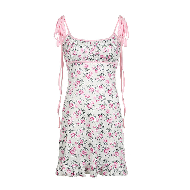 Floral Print Pink Ribbon Summer Dress