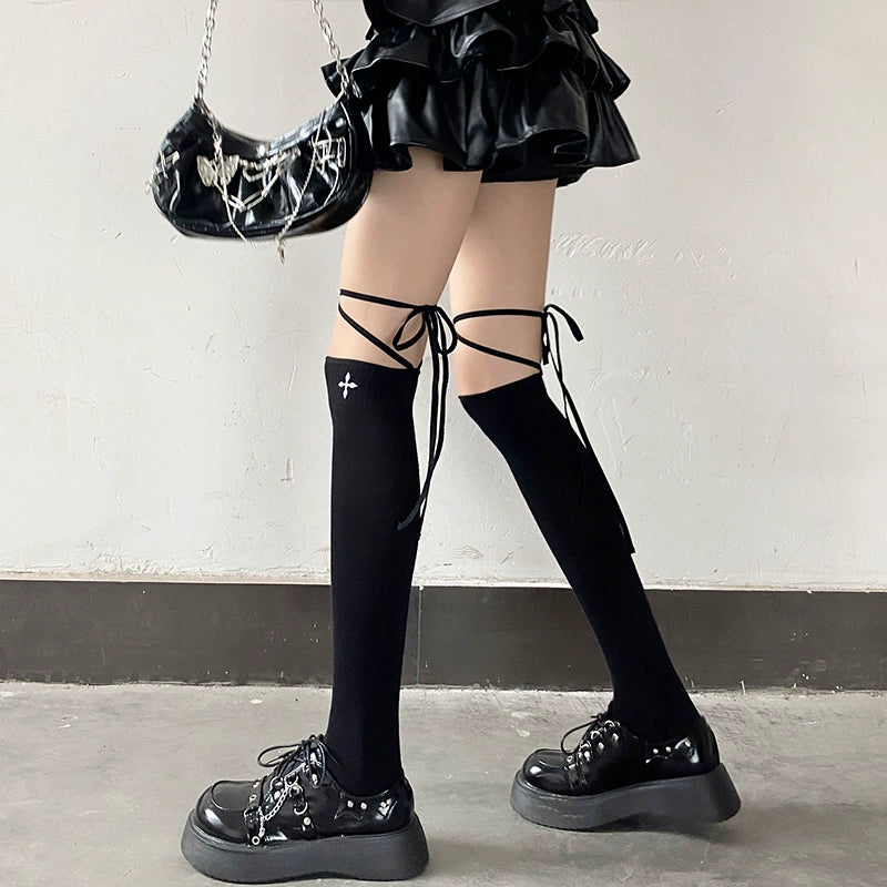 Gothic Cross Charm Thigh-High Socks