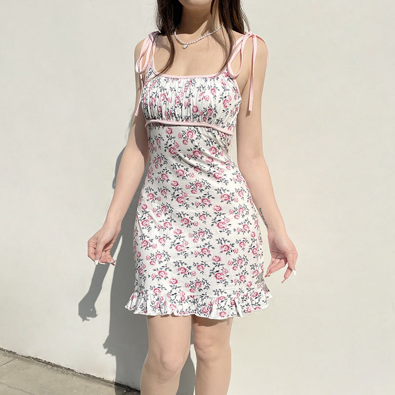 Floral Print Pink Ribbon Summer Dress