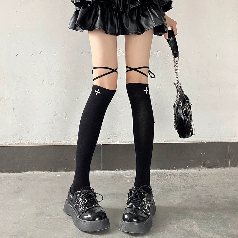 Gothic Cross Charm Thigh-High Socks