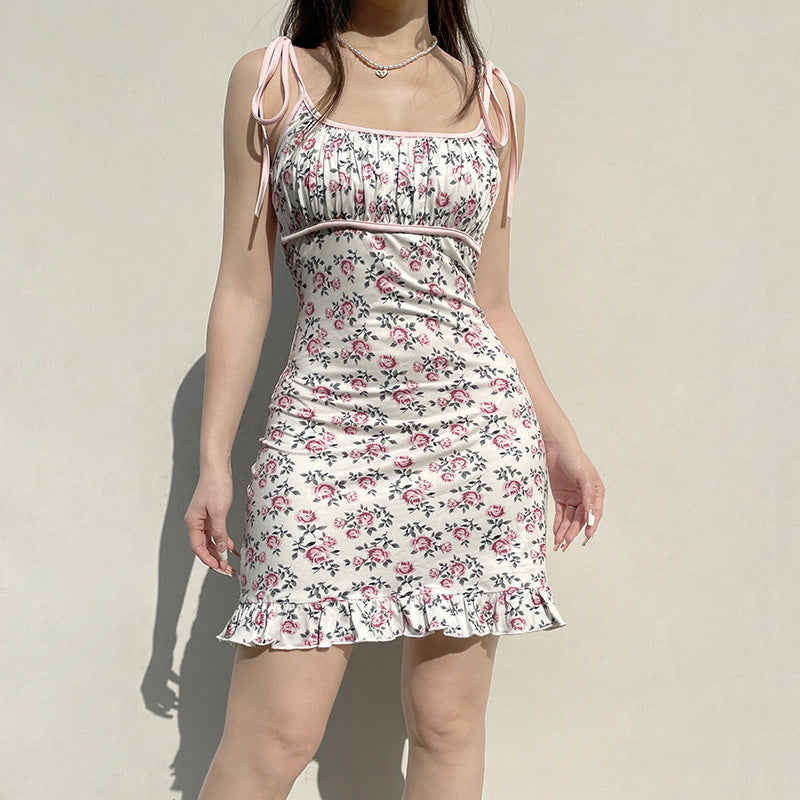 Floral Print Pink Ribbon Summer Dress