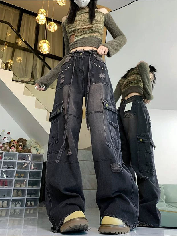 Distressed Cargo Wide-Leg Denim Pants