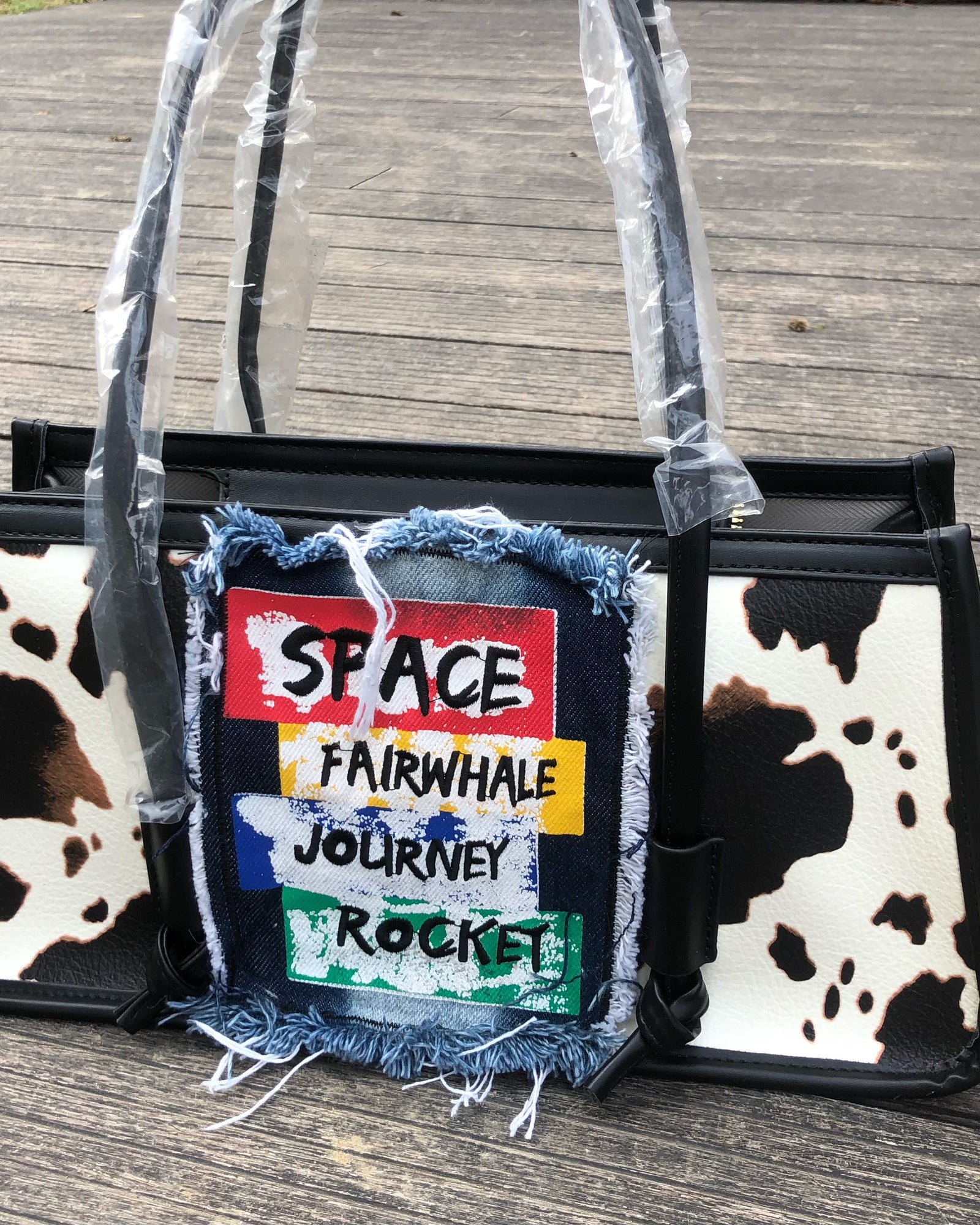 Cow Printed Denim Patch Shoulder Bag