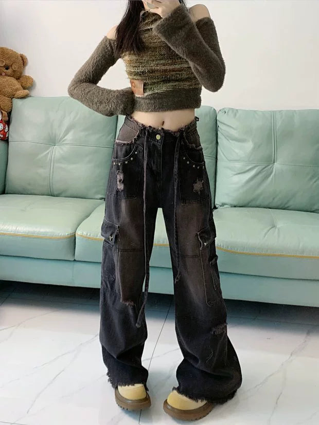 Distressed Cargo Wide-Leg Denim Pants