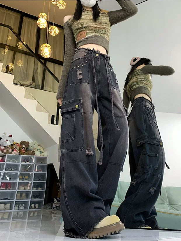 Distressed Cargo Wide-Leg Denim Pants